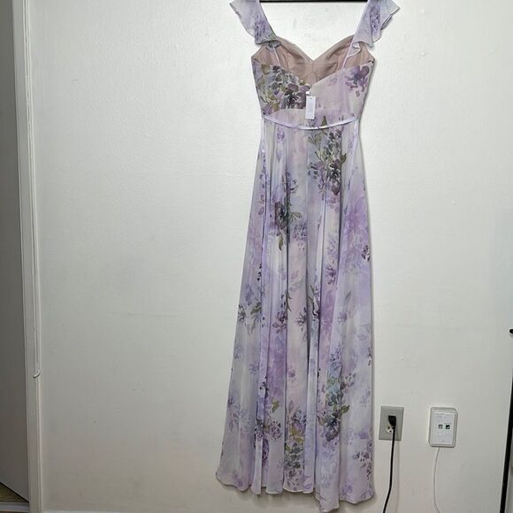 Marchesa Lilac Floral Chiffon Gown with Ruffle Cami Straps and Waist Tie Sz 0 - Picture 5 of 14